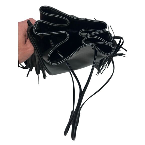 Victoria’s Secret Black Drawstring Fringed Backback Tote Faux Leather NWOT - Picture 5 of 11